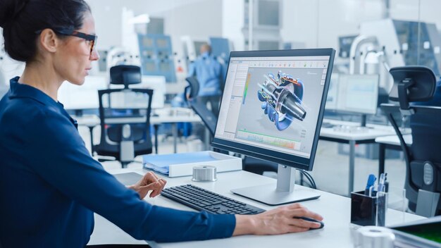 Una mujer se sienta frente a una computadora frente a una pantalla que dice "diseño".
