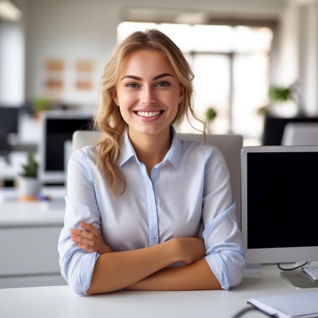 Una mujer se sienta frente a una computadora con una sonrisa en su rostro.