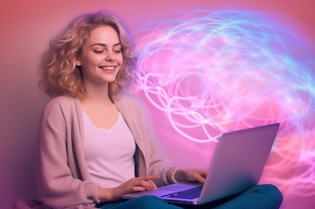 Una mujer se sienta frente a un fondo rosa y morado con un letrero de neón rosa y azul que dice "Soy una computadora".