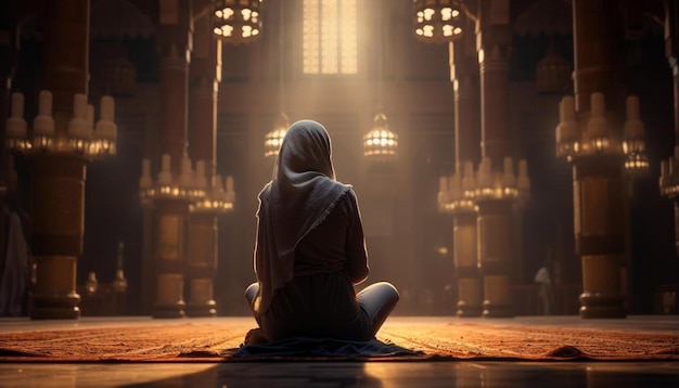 una mujer se sienta frente a una gran ventana en una mezquita