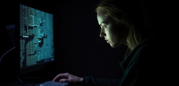 Foto una mujer se sienta frente a la pantalla de una computadora