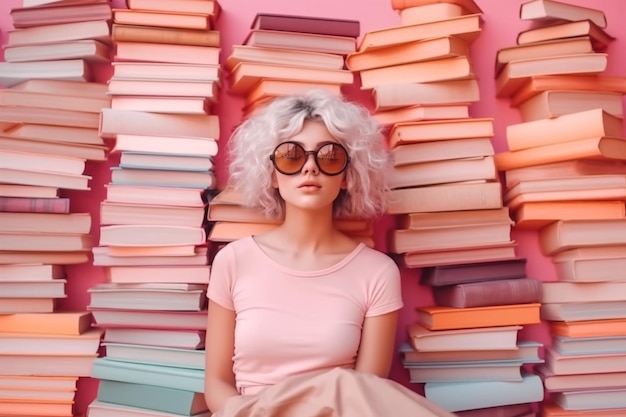 Una mujer se sienta frente a una pila de libros.