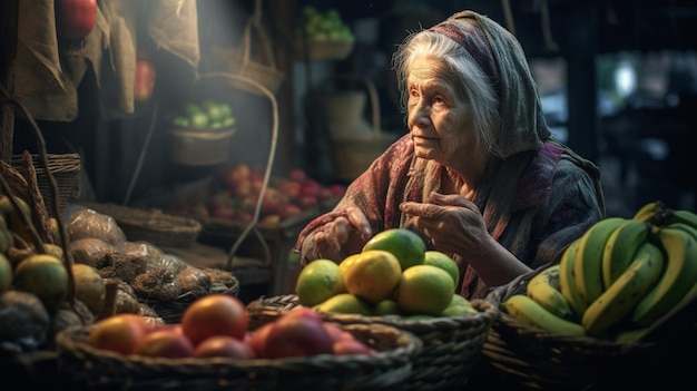 Una mujer se sienta frente a un puesto de frutas.