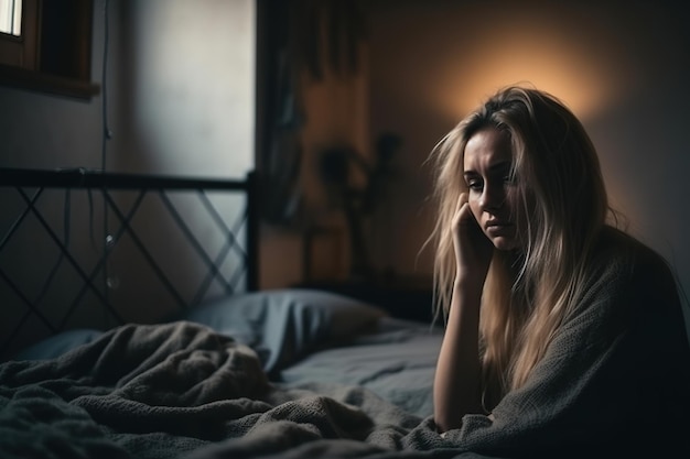 Una mujer se sienta en una habitación oscura con una lámpara a un lado de la cabeza.
