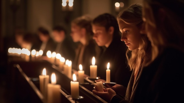 Una mujer se sienta en una iglesia con velas encendidas en la oscuridad.