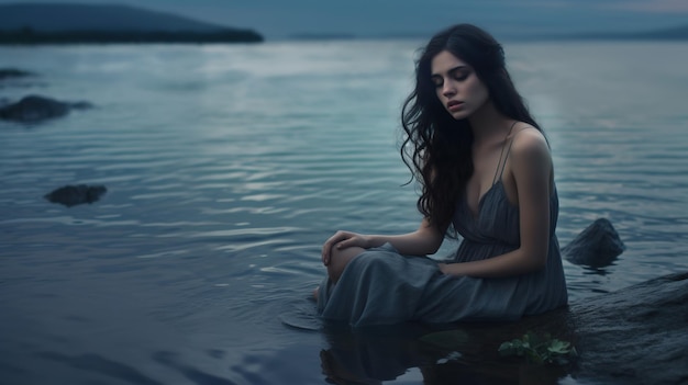 Una mujer se sienta en un lago con un lago al fondo.