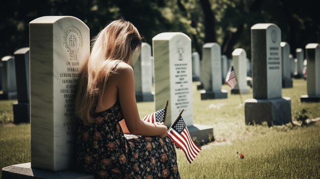 Una mujer se sienta entre lápidas de veteranos Generativo ai