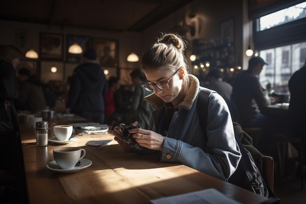 Una mujer se sienta en una mesa en un café y mira su teléfono.