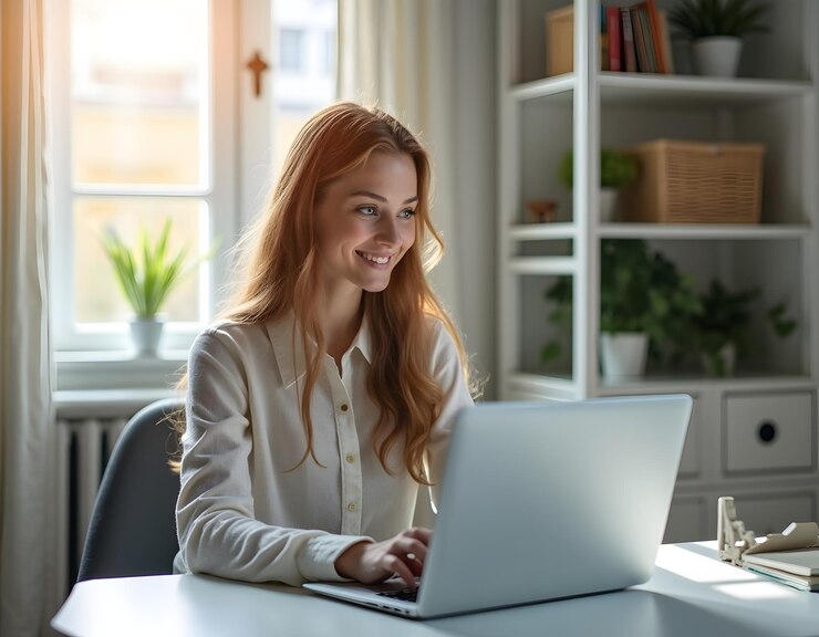 una mujer se sienta en una mesa con una computadora portátil y la palabra en ella