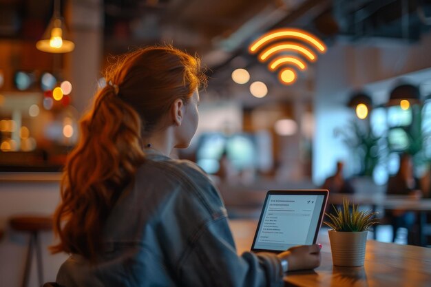 una mujer se sienta en una mesa con una computadora portátil y una planta en el fondo