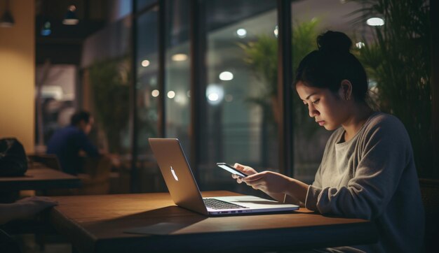 una mujer se sienta en una mesa con una computadora portátil y un teléfono