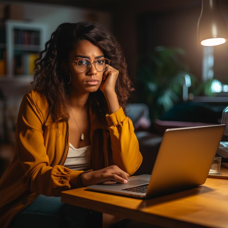 Una mujer se sienta en una mesa frente a una computadora portátil.