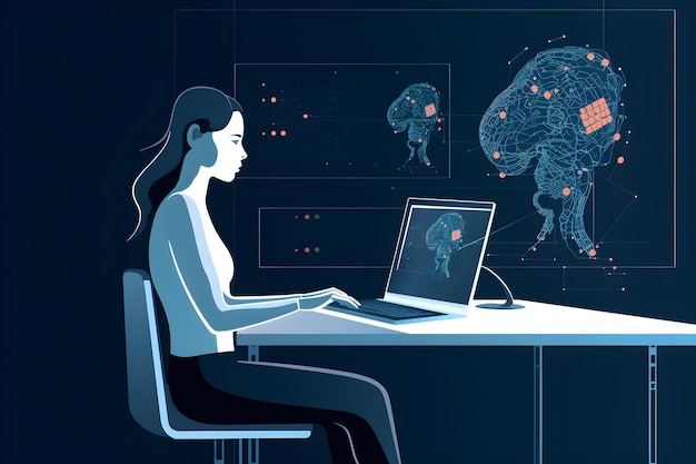 Una mujer se sienta en una mesa frente a un mapa cerebral.