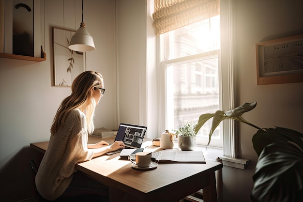 Una mujer se sienta en una mesa frente a una ventana con una computadora portátil.