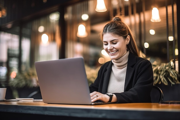 Una mujer se sienta en una mesa frente a una ventana, sonríe y escribe en una computadora portátil.