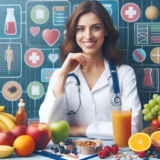 una mujer se sienta en una mesa con frutas y verduras