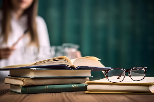 Una mujer se sienta en una mesa con libros y un par de anteojos.