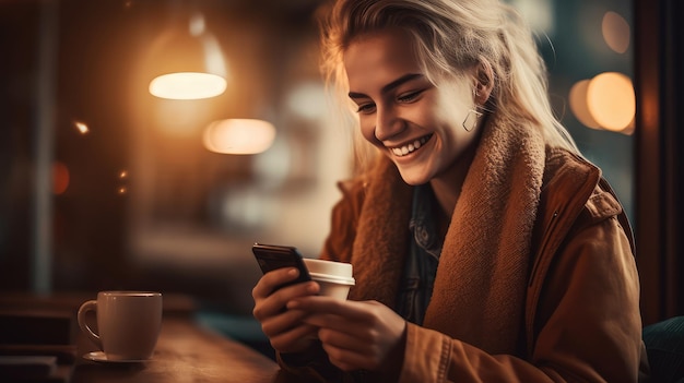 Una mujer se sienta en una mesa con una taza de café y mira su teléfono.