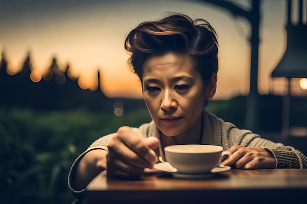 Foto una mujer se sienta en una mesa con una taza de café.