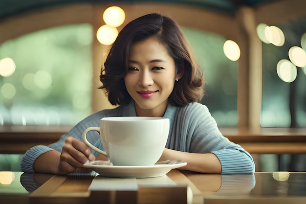 una mujer se sienta en una mesa con una taza de café.