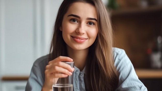 Una mujer se sienta en una mesa con un vaso de agua.