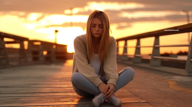 Una mujer se sienta en un muelle frente a una puesta de sol.