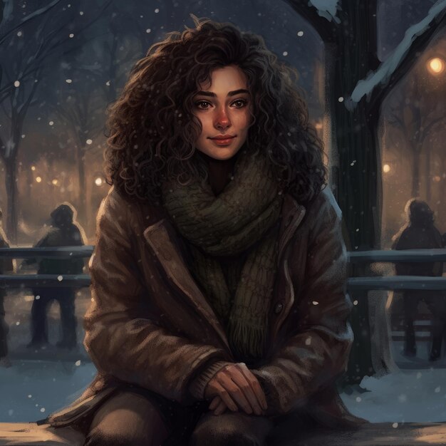 Una mujer se sienta en un parque en la nieve con una bufanda alrededor del cuello.