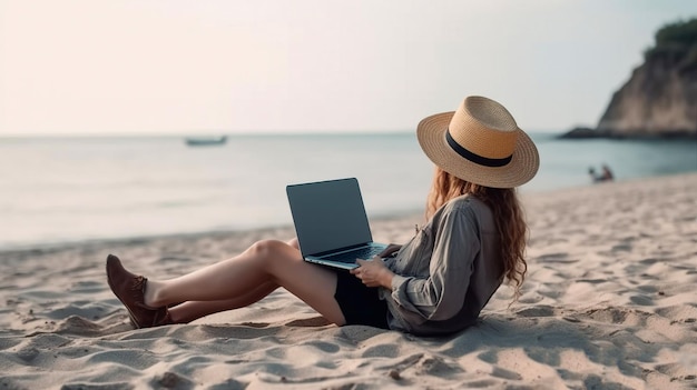 Una mujer se sienta en una playa con una computadora portátil.