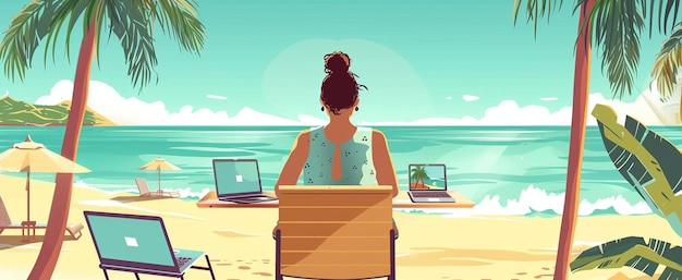 una mujer se sienta en una playa con computadoras portátiles y una palmera en el fondo