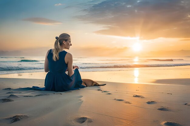 Una mujer se sienta en la playa frente a la puesta de sol.