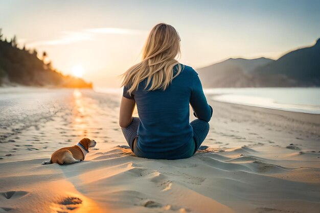 Una mujer se sienta en la playa y mira la puesta de sol.