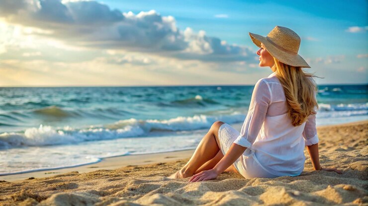una mujer se sienta en la playa con un sombrero y mira hacia el mar