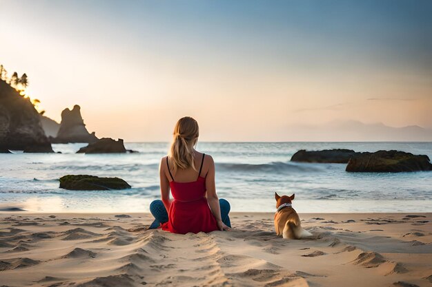 Una mujer se sienta en la playa con su perro y mira al mar.