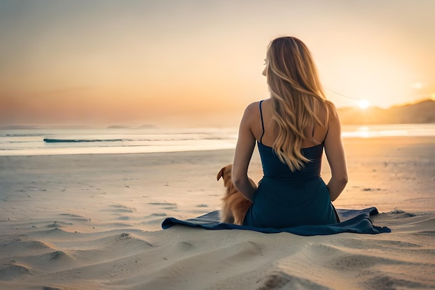 Una mujer se sienta en la playa con su perro mirando al océano.