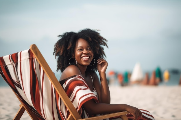 Una mujer se sienta en una playa con un vestido a rayas y sonríe.