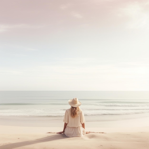 una mujer se sienta en la playa viendo el océano