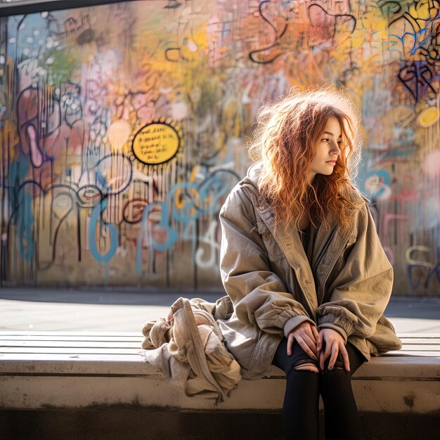 Foto una mujer se sienta en una repisa con graffiti en ella
