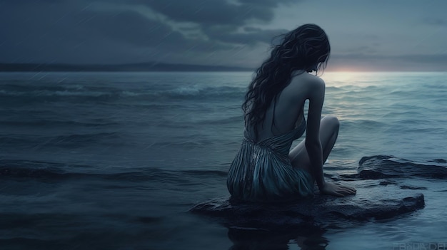 Una mujer se sienta en una roca en el agua y mira al cielo.