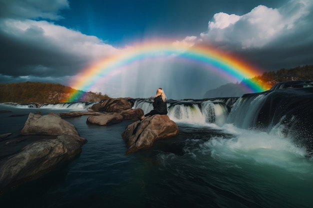 Una mujer se sienta en una roca frente a un arco iris.