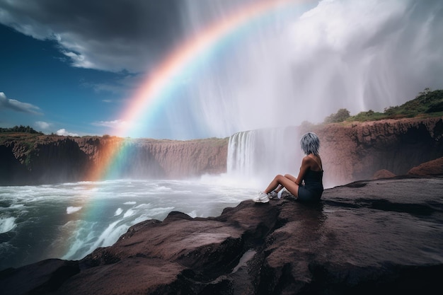 Una mujer se sienta en una roca frente a un arco iris.