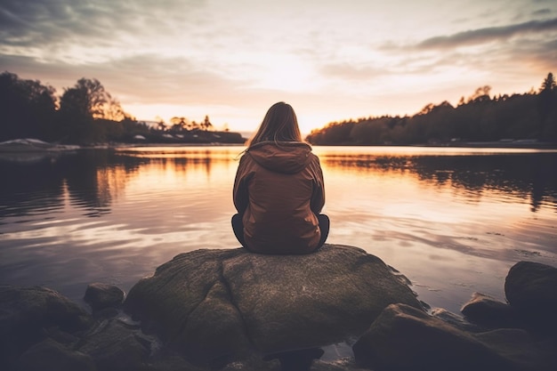 Una mujer se sienta en una roca frente a un lago y contempla la puesta de sol.