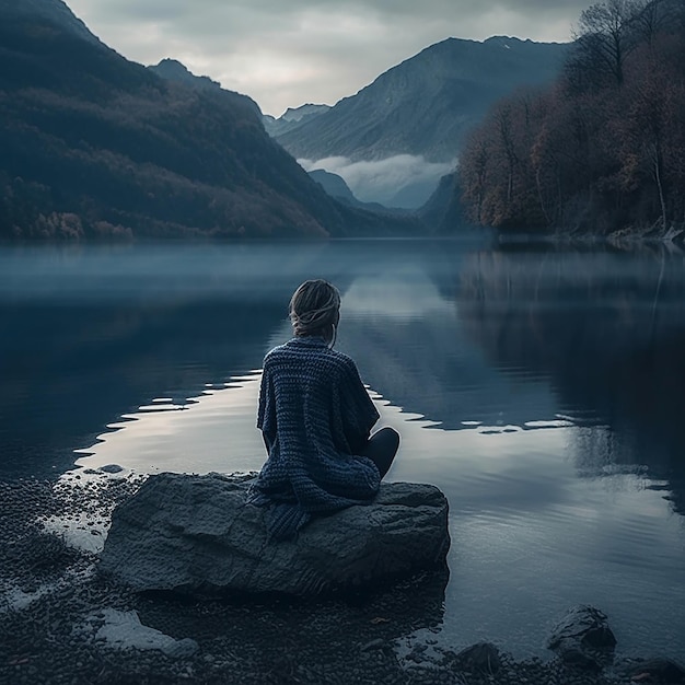 Una mujer se sienta en una roca frente a un lago de montaña.