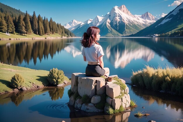 Una mujer se sienta en una roca frente a un lago con montañas nevadas al fondo.