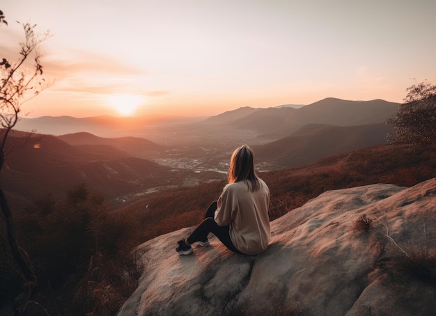 La mujer se sienta en la roca y observa la fotografía del atardecer IA generativa