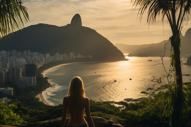 Foto una mujer se sienta en una roca con vista a la ciudad y al océano.