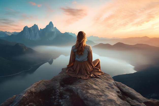 Una mujer se sienta en una roca con vistas a un lago y mira al cielo.