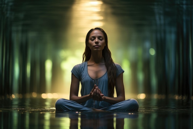 Una mujer se sienta serenamente en la posición del loto en medio de la oscuridad tranquila Una mujer en una práctica de yoga en la superficie del agua Generada por IA