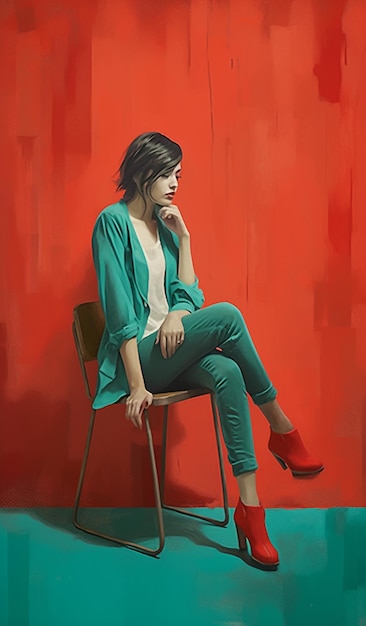 Una mujer se sienta en una silla de fondo rojo.