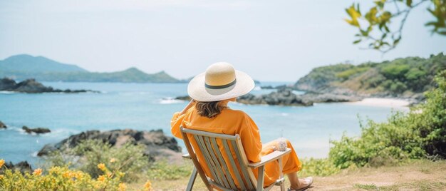 una mujer se sienta en una silla con vistas al océano