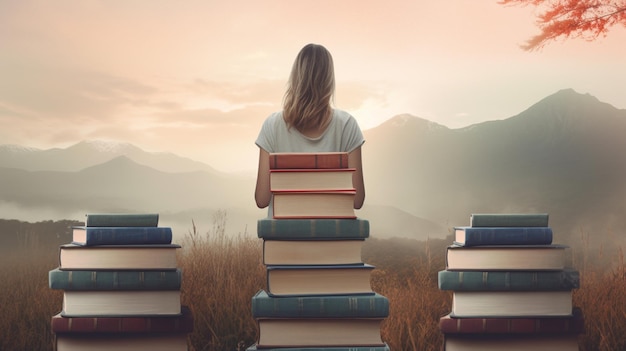 Una mujer se sienta sobre una pila de libros en un campo con montañas al fondo.